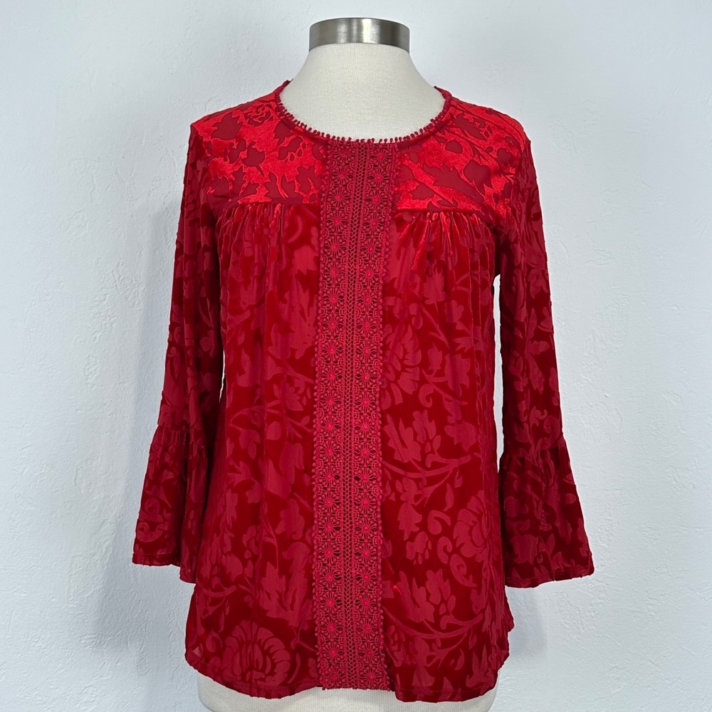 Women Renaissance Top Sz Large Floral Velvet Burnout Embroidered Bell Sleeve Red